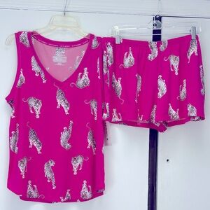 Joyspun Women's Printed Magenta Blast Tank Top & Shorts Pajama 2-Piece Set L !